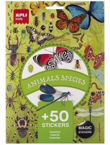 Зелена опаковка стикери Apli Kids Animals Species от книжарница Orange с илюстрации на насекоми, паяци и пеперуди. Комплектът стикери включва над 50 вълшебни стикера, изобразени на етикета.