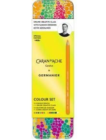 Цветна кутийка Caran d'Ache Colour Set, налична в книжарница Orange, с портрет на дизайнера Кевин Жерманиер, ярки шарки на точки, 13 цветни моливи и достъп до онлайн творчески клас.