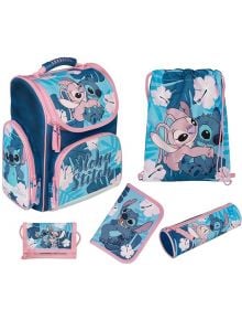 Комплект сини и розови ученически пособия Scooli Lilo & Stitch, включващ ученическа раница, чанта с шнур, моливник, портфейл, папка и цилиндричен калъф с мотиви на цветя хибискус - предлага се в книжарница Orange.