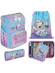 Комплект ученическа раница Scooli Lilo & Stitch, ергономик 2026 - идеален за първокласници: включва раница, спортна торба, несесер и канцеларски материали в нежни пастелни тонове със Стич.