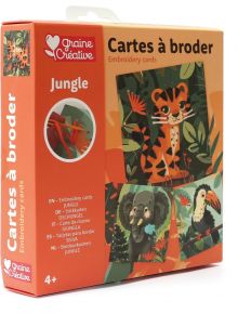 Комплект за бродиране върху карти Graine Creative - Джунгла, с илюстрации на тигър и ленивец. Подходящ за деца 4+, включващ инструкции на няколко езика.