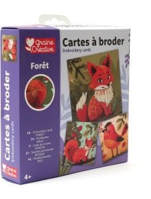 Кутия с надпис "Комплект за бродиране върху карти Graine Creative - Гора" съдържа илюстрирани карти за бродиране на лисица. На опаковката са изобразени цветни лисици и е обозначена за възраст над 4 години.