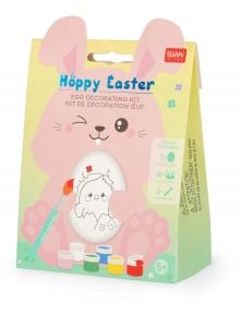 Комплект за декориране на яйце Legami - Hoppy Easter: пастелна кутия с форма на розов заек, включваща керамично яйце, четка и боички. За деца 5+.