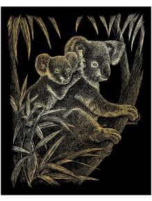 Илюстрация в стил скречборд на две коали на клон на дърво с детайлна козина и черен фон - идеална за феновете на Комплект за гравиране Royal & Langnickel - Златна основа - Коали, 20 х 25 см.