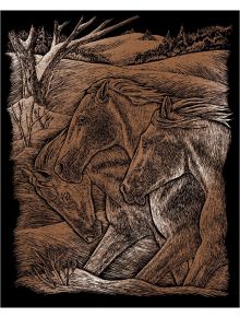 Изображение в стил офорт на три коне в природата, изработено в кафяви и черни линии. Идеален за почитатели или колекционери на Комплект за гравиране Royal & Langnickel - Медна основа - Коне, 20 х 25 см.