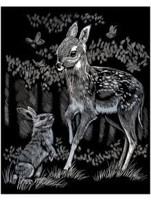 Черно-бялата скица на еленче и заек на тревиста горска поляна е идеална за Комплект за гравиране Royal & Langnickel - Сребърна основа - Сърничка, 20 х 25 см.