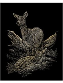 Илюстрация на два елена сред трева и зеленина в златисто на черно, създадена с Комплект за гравиране Royal & Langnickel - Златна основа - Сърни, 20 х 25 см.