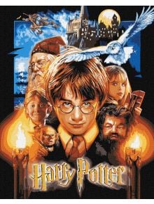 Илюстриран постер на Хари Потър с очила и магическа пръчка, сред ключови герои, бухал и замък. Включва логото на Хари Потър с факли. Идеален за създаване на картинна по номера с комплект за рисуване Идеята Хари Потър.