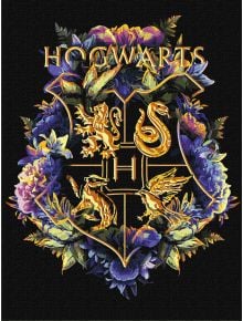 Комплект за лесно рисуване с акрилни бои Ideyka Harry Potter- Герба на Хогуортс: орнаментална картина по номера с герба на Хогуортс, животински символи и цветя, "Хогуортс" надпис.