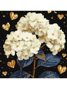 Комплект за лесно рисуване с акрилни бои Ideyka - Хортензии, 40x40 см. включва бели хортензии със златни акценти и тъмносини листа на черен фон със златни сърца и петна - идеален за любители на рисуване по номера.