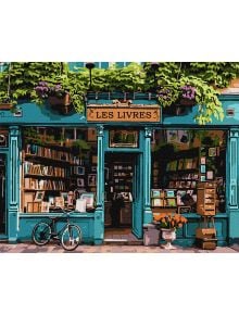 Комплект за лесно рисуване с акрилни бои Ideyka - Книжарница (40x50 см): Цветна илюстрация на френска книжарница с тюркоазени врати, книги, велосипеда отпред, зелени лози и табела "Les Livres" - рисуване по номера върху платно с подрамка.