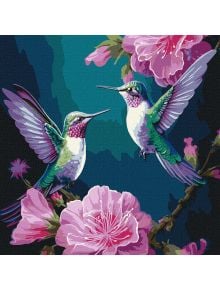 Два цветни колибри сред розови цветя и зелени листа на син фон, в стилизиран арт стил - идеален за Комплект за лесно рисуване с акрилни бои Ideyka - Колибри, 40 x 40 см.