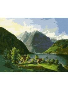 Насладете се на "Комплект за лесно рисуване с акрилни бои Ideyka - Планинско езеро, 40 x 50 см" - красива сцена с езеро, селце и планини, рисувана с акрилни бои върху платно с подрамка.