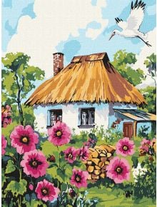 Създайте своя шедьовър със "Комплект за лесно рисуване с акрилни бои Ideyka - Селска идилия, 30 x 40 см" - къща със сламен покрив, розови цветя и щъркел под синьо небе на платно с подрамка.