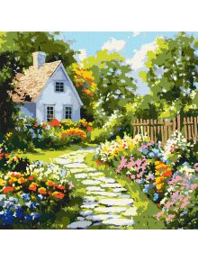Оживете красива бяла къща с керемиден покрив сред цветна градина с Комплект за лесно рисуване с акрилни бои Ideyka - Цветна градина, 40 x 40 см, върху платно с подрамка и синьо небе.