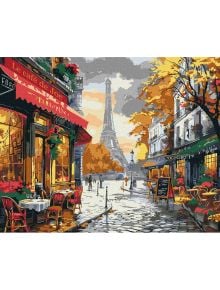 Комплектът за лесно рисуване с акрилни бои Ideyka "Блясъкът на Париж" (40x50 см) представя есенна улица в Париж с цветни дървета, кафене, Айфеловата кула и оживени фасади-идеално платно на подрамка за декор у дома.