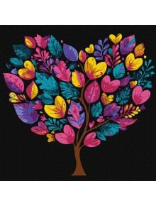 Дърво с кафяв ствол и цветни, сърцевидни листа в розово, жълто и синьо оформя голямо сърце на черен фон-Комплект за лесно рисуване с акрилни бои Ideyka - Дървото на живота, 30 x 30 см.
