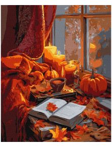 Уютна есенна сцена с прозорец, свещи, тикви и листа-като картината "Есен в сърцето" от комплект за лесно рисуване с акрилни бои Ideyka, 40 x 50 см.
