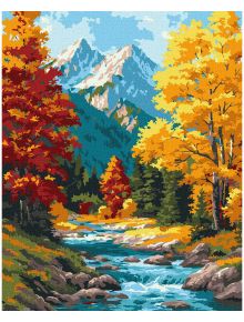 Комплект за лесно рисуване с акрилни бои Ideyka - Есенна гората (40x50 см): Пейзаж с река, скали, жълти и оранжеви дървета, борове и заснежени планини под синьо небе.
