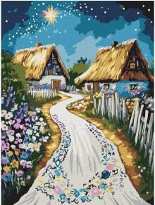 Комплектът за лесно рисуване с акрилни бои Ideyka - Хижа, 30 x 40 см представя вълшебна сцена: цветна пътека между две къщички с покрив от слама, обградени от ограда и изобилие от цветя под звездното небе.