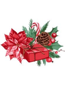 Комплект за лесно рисуване с акрилни бои Ideyka - Коледен подарък (30x30 см) включва празничен мотив с червена коледна звезда, шишарка, борови клонки и подарък-идеален ръчно изработен коледен подарък.