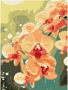 Комплект за лесно рисуване с акрилни бои Ideyka - Орхидея в капки (30x40 см): стилизирана картина на оранжево-прасковени орхидеи с червени сърцевини на абстрактен зеленожълт фон с ефект на дъждовни капки или слънчева светлина.