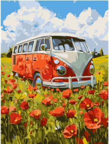Комплект за лесно рисуване с акрилни бои Ideyka - Пътешествие (30x40 см): Нарисувайте винтидж червено-бял ван в пъстро поле от макове под синьо небе с акрилни бои върху платно с подрамка.