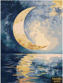 Комплект за лесно рисуване с акрилни бои Ideyka - Полумесец във водата (30x40 см): Златен полумесец се отразява в синьо-златиста вода под облачно нощно небе. Текстуриран, нарисуван стил и металиков надпис вдясно.