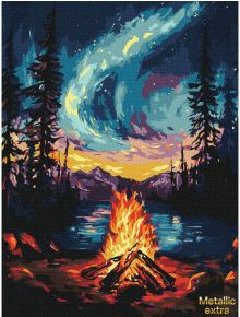 Създайте красива картина със "Комплект за лесно рисуване с акрилни бои Ideyka - Северно сияние, 30 x 40 см" - идеален избор за фенове на рисуване по номера и впечатляващи пейзажи с планини, езеро и звездно небе.