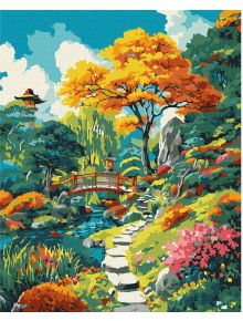 Открийте красотата на есенния японски двор с комплекта за лесно рисуване с акрилни бои Ideyka - "Японски двор есен", 40x50 см, включващ платно с подрамка и наситени цветове за вдъхновяваща картина по номера.