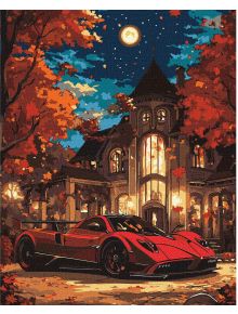 Паркиран червен спортен автомобил пред осветено имение през нощта, заобиколен от есенни дървета и звездна луна, изобразен с "Комплект за лесно рисуване с акрилни бои Ideyka - Живот в лукс, 40 x 50 см.