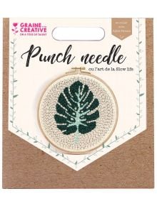 Комплект за пънч бродерия Graine Creative - Листо: опаковка с дизайн на зелен лист със светлосини акценти върху кремав фон, поставен в дървен обръч. Надписът гласи "Пробивна игла" и съдържа информация за марката.