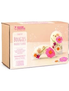 Кутията на "Комплект за правене на свещ Graine Creative - Цветна поляна" с цветен дизайн е идеална за стилна декорация или като комплект за направата на елегантни свещи с цветя.