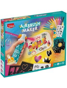 Цветна кутия на Комплект за рисуване Maped Creativ Airbrush Maker с аерограф за деца, шаблони, цветни маркери и ярки рисунки. USB зареждане, подходящо за деца от 5 до 12 години.