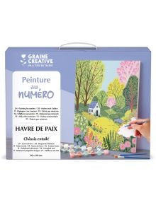 Кутията Комплект за рисуване по номера Graine Creative - Оазис на спокойствието (30x40 см) изобразява цветен пейзаж на къща сред дървета и цветя, със саксии за рисуване, четка и многоезичен текст върху опаковката.