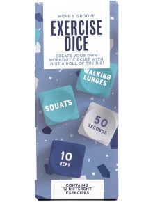 Комплект за тренировки със зарове - 4 зара с упражнения съдържа цветни зарове с упражнения като клекове и ходене на гръб, брой повторения и време. С един хвърлей създаваш своя фитнес рутина у дома!.