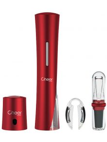 Комплектът за вино Cheer Moda Coffret Skyline, червен, включва елегантен електрически тирбушон, резачка за фолио, вакуумен стопер и зарядна станция.
