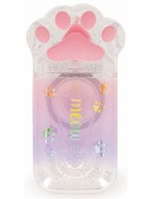 Прозрачна блестяща Legami Meow Kitty коригираща лента, 6 м, с розова капачка във формата на лапа и омбре лилав дизайн. "Мяу" и цветни отпечатъци на лапички украсяват предната част, наподобявайки котешка лапа.
