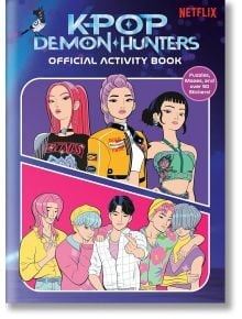 Корица на KPop Demon Hunters: Официална книга за занимания с шест илюстрирани герои със смели прически и облекла. Корицата популяризира пъзели, лабиринти, стикери и има брандинг на Netflix в горната част.