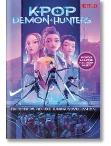 Корицата на KPop Demon Hunters: показва три анимирани момичета с оръжия и градски силует, а отдолу групата им се бие с чудовища. Текстът подчертава, че това е официалната младежка новела.