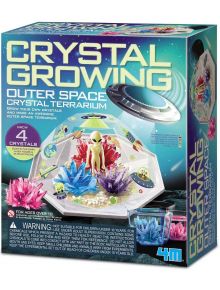 The Креативен комплект 4М - Отгледай кристали, Космически кристален терариум включва цветен терариум с извънземно и ярки червени, сини и лилави кристали - идеалният творчески комплект за отглеждане на кристали и забавление.