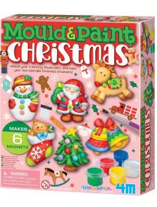 Цветна кутия с Креативен комплект 4М - Гипсови коледни магнити: създайте магнити с коледна тематика - Дядо Коледа, снежен човек, елен, джинджифилов човек. Включва гърненца и четки за боядисване; идеален за празнично творчество и забавление.
