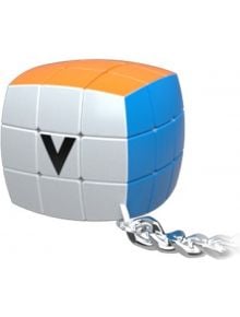 Кубче за редене V-Cube 3x3, заоблена форма - ключодържател е малък логически пъзел с бели, оранжеви и сини страни и черно V на бяло квадратче, прикрепен към здрава метална верижка и закопчалка.