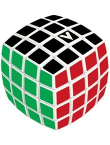 Кубче за редене V-Cube 4x4, заоблена форма, с видими черни, зелени и червени страни; на черната страна има бяло триъгълно лого. Кубчето изглежда наредено и е разположено под ъгъл, така че се виждат три лица.