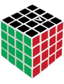 Кубче за редене V-Cube 4x4 с видими зелена, червена и черна страна, като на черната има бял триъгълник в центъра. Логическият пъзел е все още несглобен.