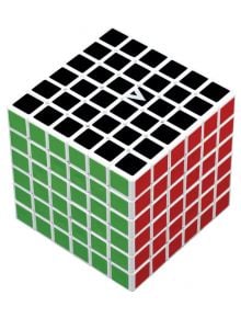 Кубче за редене V-Cube 6x6 с видими зелена, червена и черна страна от по 36 квадратчета, бяла пластмасова рамка и малък бял триъгълник в центъра на черната страна - механическа главоблъсканица.