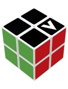 Кубче за редене V-Cube 2х2 има зелени, червени и черни повърхности; на един от черните квадрати се откроява бяла черта, която подчертава този логически пъзел (куб на Рубик).