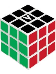 Кубче за редене V-Cube 3x3 с черен горен слой, зелена и червена страна, решени, и бял квадрат със символ V в центъра - перфектният логически пъзел за любителите на механични главоблъсканици.