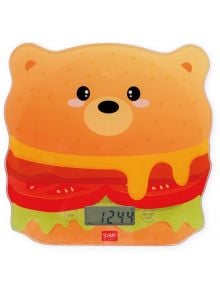 Кухненска везна Legami - Hamburger: дигитална, във форма на анимационно мече, наподобяващо хамбургер с кашкавал, домат и маруля. Има дисплей с показание 1244 г. и бутони за избор на единици и захранване.