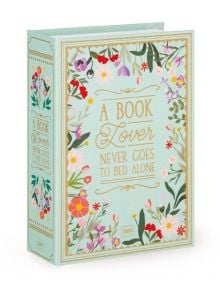 Светлосиня Legami Bling Book - винтидж кутийка за бижута във формата на книга, с цветни цветя, златни акценти и надпис "A Book Lover Never Goes to Bed Alone" (Любител на книгите никога не си ляга сам) отпред, с подходящи флорални мотиви и текст на гръбчет